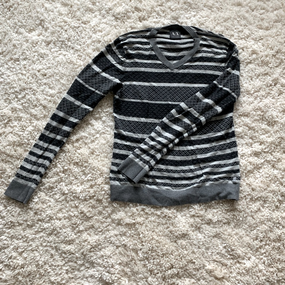 Black and gray stripe V neck sweater